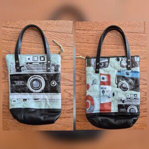 Retro Camera Print Leather Tote Bag Small OOAK One of a Kind Graphic Print